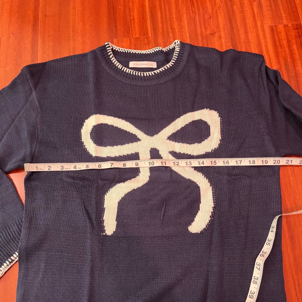 Blue‎ White Bow Sweater Navy Miss Sparkling Knit Crew Long Sleeve New Size Large - Picture 7 of 8